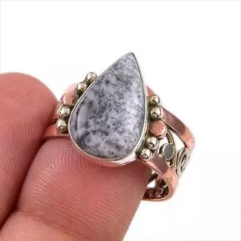 Natural Dendrite Opal Gemstone 925 Solid Sterling Silver TwoTone Ring S.9.5 r7V80