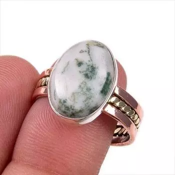 Natural Dendrite Opal Gemstone 925 Solid Sterling Silver TwoTone Ring S.8.5 t8T33