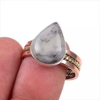 Natural Dendrite Opal Gemstone 925 Solid Sterling Silver Two Tone Ring S.9 D4s20