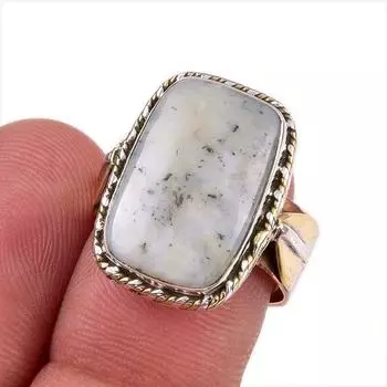Natural Dendrite Opal Gemstone 925 Solid Sterling Silver Two Tone Ring S.7 D0y96