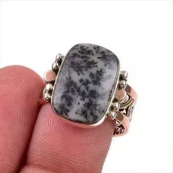 Natural Dendrite Opal Gemstone 925 Solid Sterling Silver Two Tone Ring S.8 z0k66
