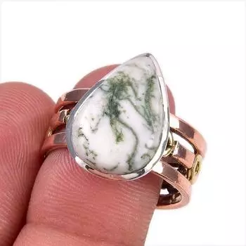 Natural Dendrite Opal Gemstone 925 Solid Sterling Silver Two Tone Ring S.9 C7m37