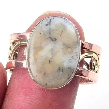 Natural Dendrite Opal Gemstone 925 Sterling Silver Two Tone Ring Size 10.5 S9Z40