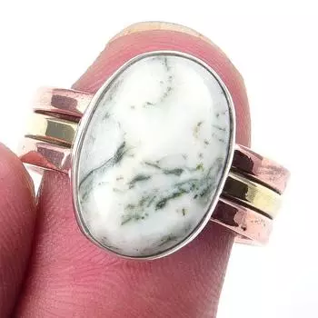 Natural Dendrite Opal Gemstone 925 Sterling Silver TwoTone Gift Ring S.9 j8h60