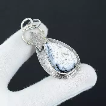 Natural Dendrite Opal Gemstone Silver Pendant in 925 Sterling Silver- Handmade Star Design, Everyday Wear Jewelry, Unique Pendant Women s Day Gift 2.55 белый