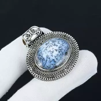 Natural Dendrite Opal Gemstone Silver Pendant in 925 Sterling Silver- Handmade Design, Everyday Wear Jewelry, Antique Pendant Wadding Gifts 2.36 белый