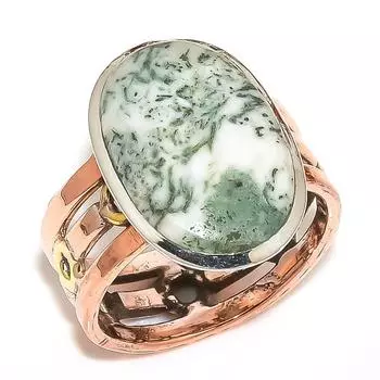 Natural Dendrite Opal Gemstone Two Tone 925 Solid Silver Jewelry Ring S.9.5 e4h90