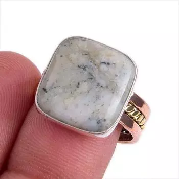 Natural Dendrite Opal Gemstone Two Tone 925 Sterling Silver Ring Size 7.5 g0H03