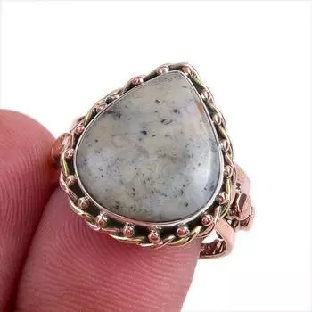 Natural Dendrite Opal Gemstone Two Tone 925 Sterling Silver Ring Size 8.5 E7D44