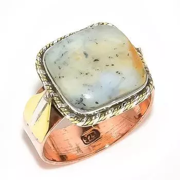 Natural Dendrite Opal Gemstone Two Tone 925 Solid Silver Gift Ring S.10.5 e2w50