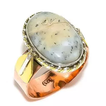Natural Dendrite Opal Gemstone Two Tone 925 Solid Silver Gift Ring S.10.5 u6h97