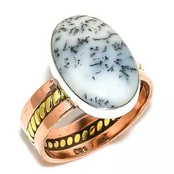 Natural Dendrite Opal Gemstone Two Tone 925 Sterling Silver Gift Ring S.9 B5E90