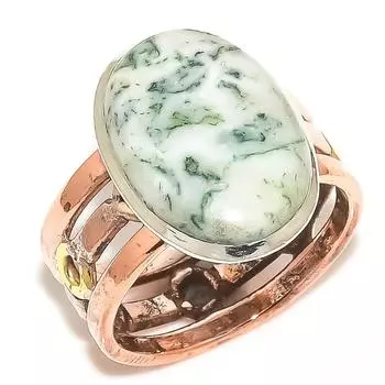 Natural Dendrite Opal Gemstone Two Tone 925 Solid Silver Jewelry Ring S.9.5 K6n74