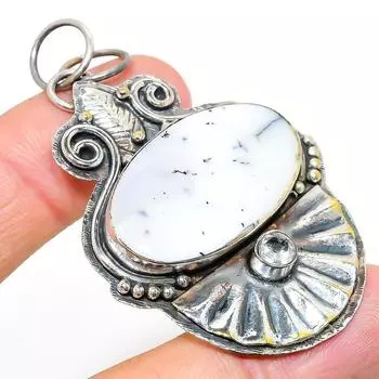 Natural Dendrite Opal,White Topaz Stone 925 Sterling Silver Pendant 2.52 L6F59