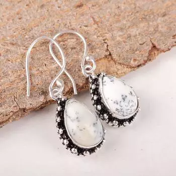 Natural Dendritic Opal Gemstone 925 Sterling Silver Jewelry Dangle Earrings1.41 EE-97-24
