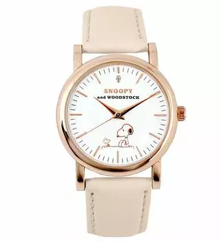 [Natural Diamond] Snoopy Watch Limited [Pink Beige] Women s Men s Unisex Genuine Leather Belt Daily Life Waterproof