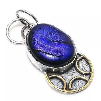 Natural Dichroic Glass Gemstone 925 Sterling Silver Two Tone Pendant 1.81 g5B39