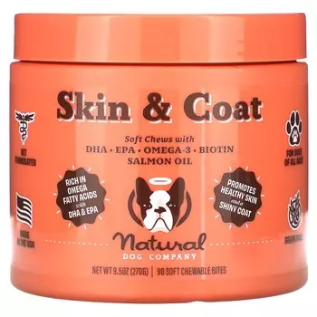 Natural Dog Company, Кожа и шерсть, Для собак, Все возрасты, 90 мягких жевательных таблеток, 9,5 унций (270 г)