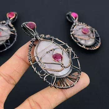 Natural EvilEye Rose Quartz, Ruby Gemstone Copper Wire Wrap Pendant 3.19 w2G59