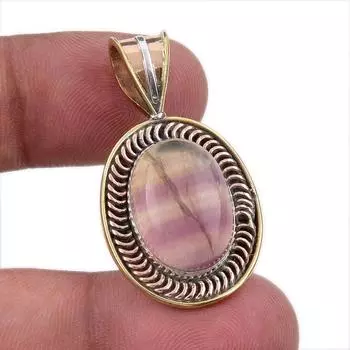 Natural Fluorite Gemstone 925 Solid Sterling Silver Two Tone Pendant 1.50 h1o24