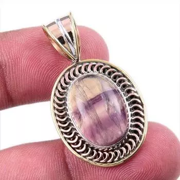 Natural Fluorite Gemstone 925 Solid Sterling Silver Two Tone Pendant 1.50 G8k96