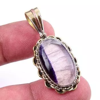 Natural Fluorite Gemstone 925 Solid Sterling Silver Two Tone Pendant 1.50 G0V06