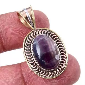 Natural Fluorite Gemstone 925 Solid Sterling Silver Two Tone Pendant 1.25 t6w76