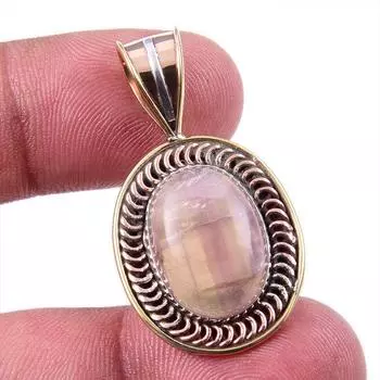 Natural Fluorite Gemstone 925 Solid Sterling Silver Two Tone Pendant 1.25 Q0M28