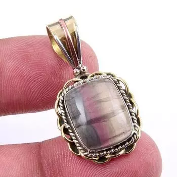 Natural Fluorite Gemstone 925 Solid Sterling Silver Two Tone Pendant 1.25 W3l51