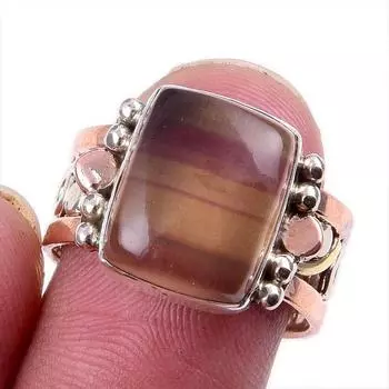 Natural Fluorite Gemstone Handmade 925 Solid Silver Gift Two Tone Ring 8US g1U15