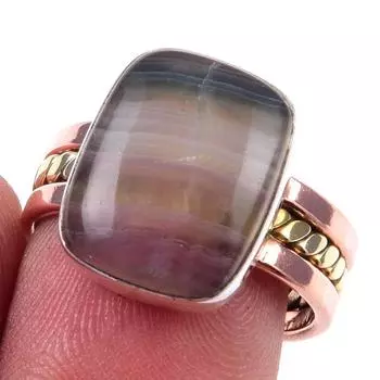 Natural Fluorite Gemstone Handmade 925 Sterling Silver Two Tone Ring Size 8 w0Q96