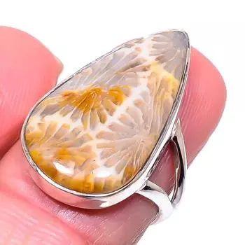 Natural Foseel Coral Gemstone Handmade 925 Solid Sterling Silver Ring S.7 C4S64