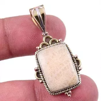 Natural Fossil Coral 925 Solid Sterling Silver TwoTone Gift Pendant 1.50 i2n28