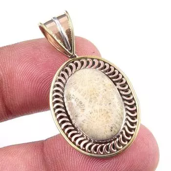 Natural Fossil Coral 925 Solid Sterling Silver TwoTone Gift Pendant 1.50 C2v38