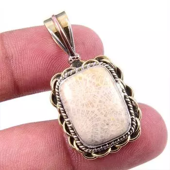 Natural Fossil Coral 925 Solid Sterling Silver TwoTone Gift Pendant 1.50 P9D67