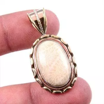 Natural Fossil Coral 925 Solid Sterling Silver Jewelry TwoTone Pendant 1.5 L7z70
