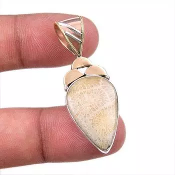Natural Fossil Coral 925 Solid Sterling Silver TwoTone Gift Pendant 1.50 Y4I86