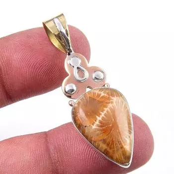Natural Fossil Coral 925 Solid Sterling Silver TwoTone Gift Pendant 1.75 f7v55