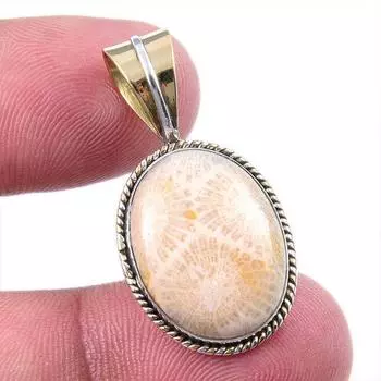 Natural Fossil Coral 925 Solid Sterling Silver TwoTone Gift Pendant 1.25 C2E37
