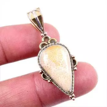 Natural Fossil Coral 925 Solid Sterling Silver Jewelry TwoTone Pendant 1.5 C0m81