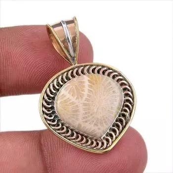 Natural Fossil Coral 925 Solid Sterling Silver TwoTone Gift Pendant 1.25 Q6z07