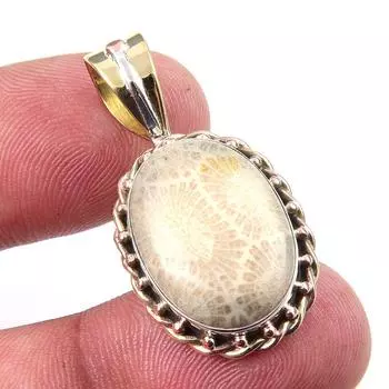 Natural Fossil Coral 925 Solid Sterling Silver TwoTone Gift Pendant 1.25 n1T87