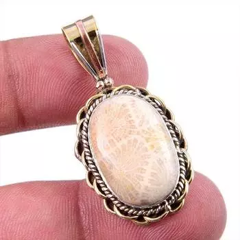 Natural Fossil Coral 925 Solid Sterling Silver TwoTone Gift Pendant 1.50 T0G29