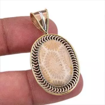 Natural Fossil Coral 925 Solid Sterling Silver TwoTone Gift Pendant 1.75 v5c53