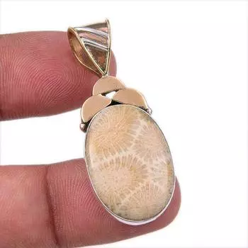 Natural Fossil Coral 925 Solid Sterling Silver TwoTone Gift Pendant 1.75 e2A89