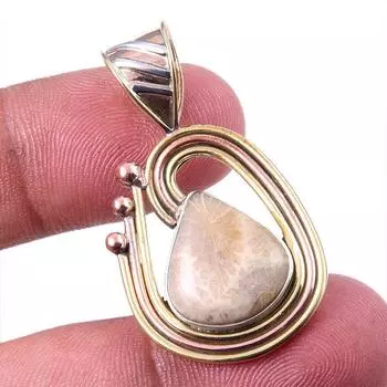 Natural Fossil Coral 925 Solid Sterling Silver TwoTone Gift Pendant 1.50 o9U14