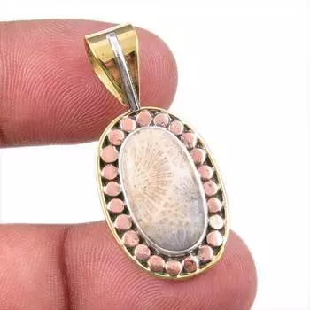 Natural Fossil Coral 925 Solid Sterling Silver TwoTone Gift Pendant 1.50 R7f37
