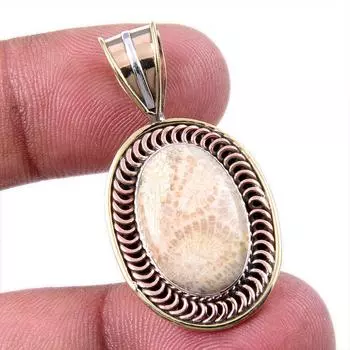Natural Fossil Coral 925 Solid Sterling Silver TwoTone Gift Pendant 1.50 Y1J58