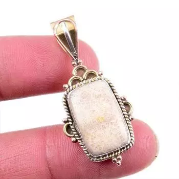 Natural Fossil Coral 925 Solid Sterling Silver Jewelry TwoTone Pendant 1.5 Z8o68