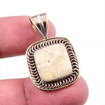 Natural Fossil Coral 925 Solid Sterling Silver TwoTone Gift Pendant 1.25 l9V57